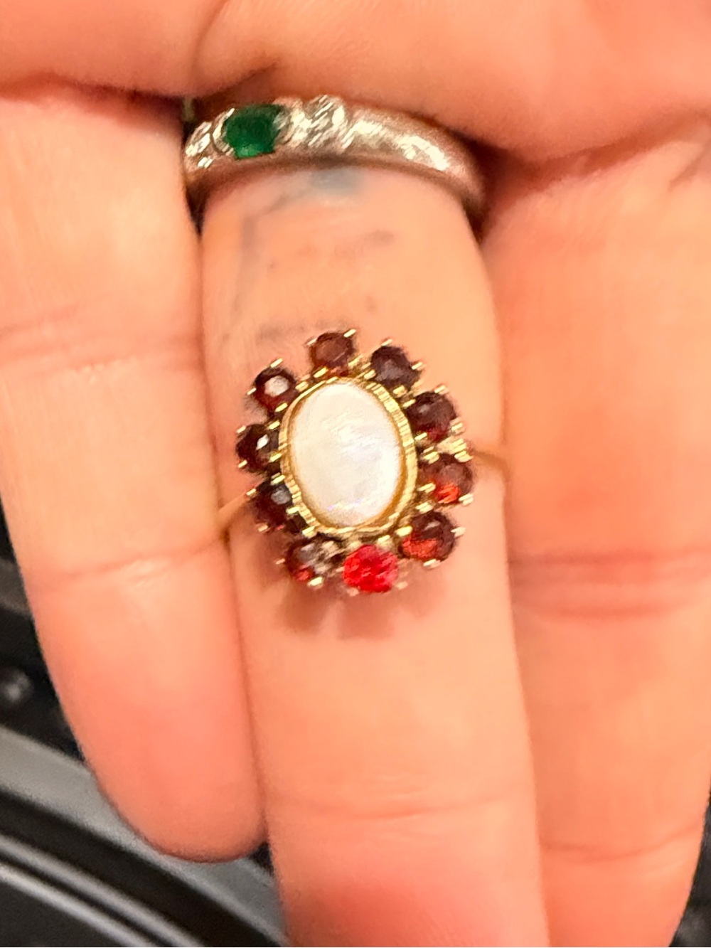 Vintage 14kt Gold Opal & Garnet
"Flower Cluster" Cocktail Ring Sz 6 1/2 - Picture 15 of 16
